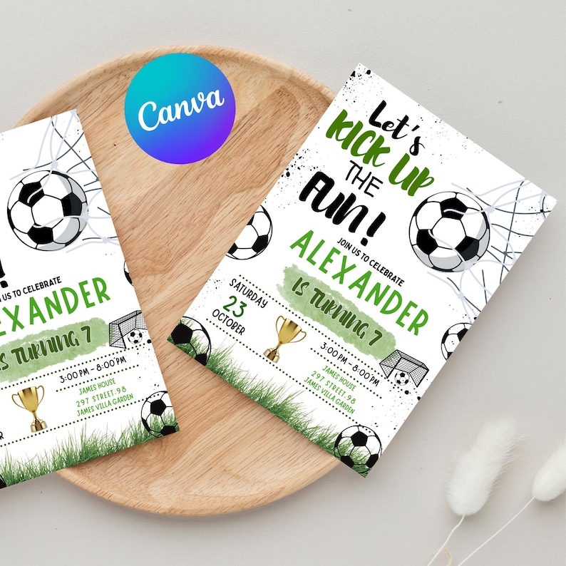 May include: Soccer-themed birthday invitations with a white background, featuring soccer balls, green grass, and the text "Let's kick up the fun!" and "Alexander is turning 7." The invitations are on a wooden tray.