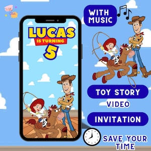 May include: A digital invitation for Lucas's 5th birthday, featuring a Toy Story theme. The design includes Woody, Jessie, and a horse, set against a blue sky with clouds. Text includes "Lucas is turning 5", "With Music", "Video Invitation", and "Save Your Time".
