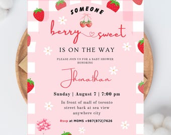 Strawberry Baby Shower Invitation Template, Editable Pink Baby Shower Invite, Berry Sweet Invitation, Printable Invite, Digital Download
