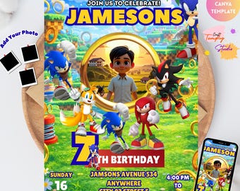 Sonic Birthday Invitation For Kids Party, Sonic The Hedgehog Boys Party Invite, Editable Sonic 3 Girls Birthday,sonic invitation with photo