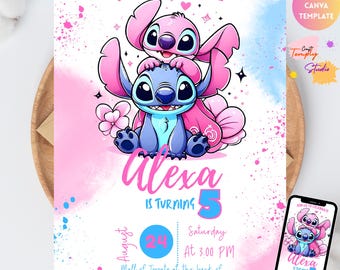 Stitch and Angel Birthday Invitation, Editable Stitch Birthday Invitation, Digital Party Invite, Stitch Birthday Party Invitation Printable