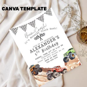 May include: A white invitation card with the text "CANVA TEMPLATE" at the top. The card features the text "Boom! Crash! It's Monster Truck Bash!" and "ALEXANDER'S 5th Birthday". It includes illustrations of monster trucks in orange, red, and green.