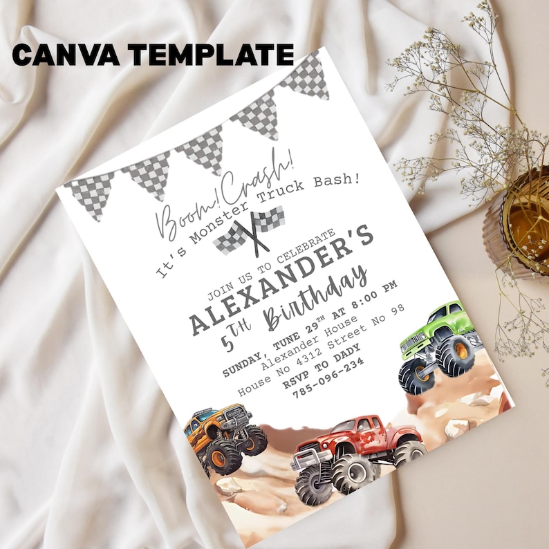 May include: A white invitation card with the text "CANVA TEMPLATE" at the top. The card features the text "Boom! Crash! It's Monster Truck Bash!" and "ALEXANDER'S 5th Birthday". It includes illustrations of monster trucks in orange, red, and green.
