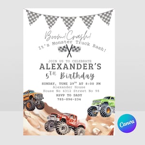 Editable Monster Truck Birthday Invitation Template, Monster Truck Invitation, Monster Truck thank you tag , Monster Truck Editable