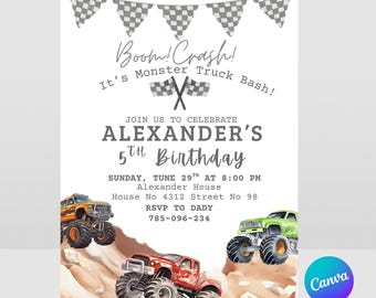 Monster Truck Birthday Invitation Template, Editable Canva Invite, 5x7 & Mobile, Truck Party Invitation, Instant Download A214