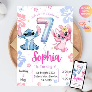 May include: A birthday party invitation featuring the characters Stitch and Angel. The invitation includes the text "Join Us To Celebrate 7 Sophia Is Turning 7" with event details. A smartphone displays the invitation design.