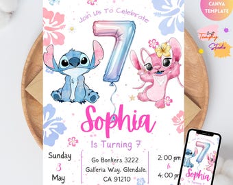 Stitch and Angel Birthday Invitation, Editable Stitch Birthday Invitation, Digital Party Invite, Stitch Birthday Party Invitation Printable