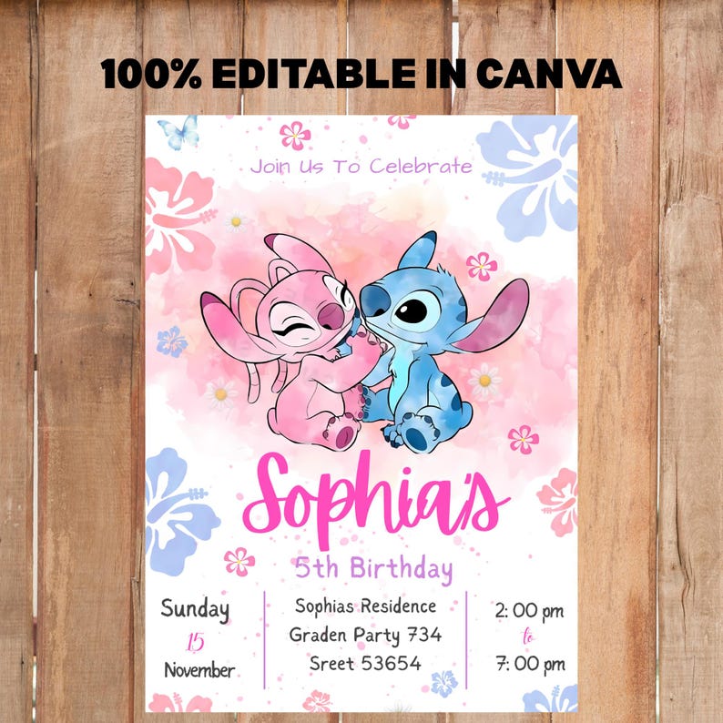 May include: A party invitation featuring the characters Stitch and Angel from Lilo & Stitch. The invitation has a pink and blue watercolor background with floral accents. The text reads "Sophia's 5th Birthday" and includes event details.