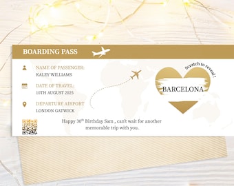 Personalised Boarding Pass Scratch Card, Boarding pass, Custom Travel Scratch Card, Gold Foil Passport, Gold plane & tie, Scratch Card.
