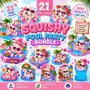May include: A digital bundle of 21 PNG images featuring cute cartoon characters in pool party settings. The graphics include characters wearing sunglasses and hats, floating in pink striped inner tubes, lounging on chairs, and swimming in blue water.