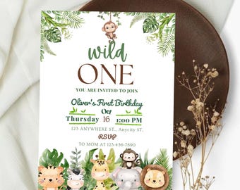 Invitación de cumpleaños de safari editable, invitación de cumpleaños de Wild One, invitación de cumpleaños de la selva para primer cumpleaños, fiesta de animales de la selva en Canva, descarga digital