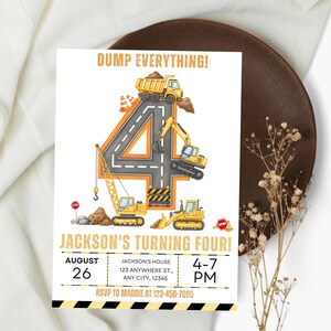 Construction Birthday Invitation, Construction Invitation, Dump Truck Party Invite, 4th Birthday Invite Printable Template, Editable Canva.