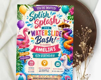 Editable Waterslide Birthday Invitation, Water Slide Invitation, Boy Girl Splash Party Invite, Waterslide Birthday Bash, Canva Template