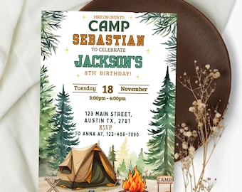 Camping Birthday Invitation, Camp Out Under The Stars, Camping Party Invite, Smore Fun Invite, Adventure Forest Theme, Digital Download.