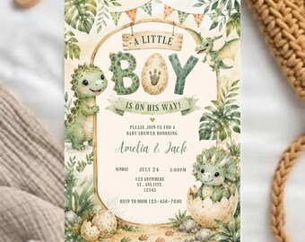 Hatching Soon Baby Shower Invitation, Dinosaur Boy Invite, Baby Dino Egg, Little Boy Is Hatching Soon Theme, Editable Canva Digital Download