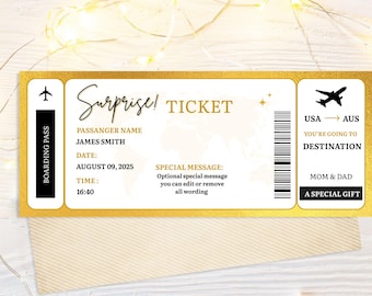 May include: A gold and white surprise ticket with the text "Surprise! Ticket". The ticket includes the passenger's name, date, time, and a special message section. The destination is Australia.