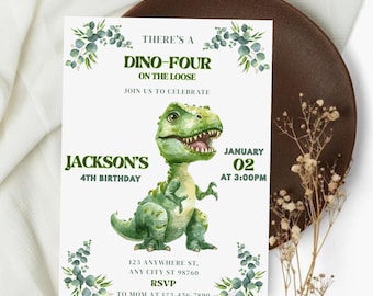 Editable Dino-Four Birthday Invitation, Dinosaur Birthday Invite, T-Rex Birthday, Dino Party Printable, Instant Download, Canva Template
