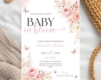 Baby in Bloom Baby Shower Invitation, Wildflower Baby Shower Invitation, Pink Floral Baby Shower Invite Printable, Digital Download, Canva