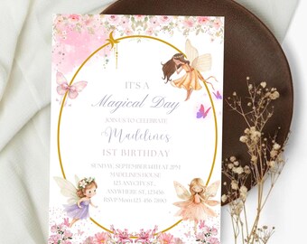 Fairy First Birthday Invitation, Editable Fairy Birthday Invitation,  Fairy Invitation, Enchanted Birthday Invitation, Digital Download.