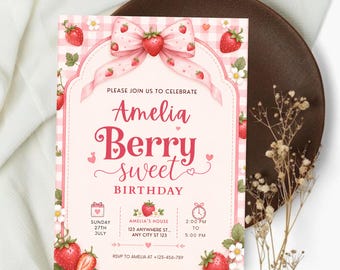 Berry First Birthday Invitation Template, Strawberry Birthday Invitation, Berry 1st Birthday, Bow First Birthday Invite, Editable Canva