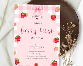 Editable Berry First Birthday Invitation, Strawberry 1st Birthday Invitation Template, Berry Sweet Birthday Invitation, Instant download.