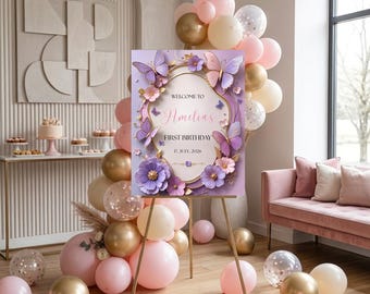 Editable Butterfly Birthday Welcome Sign, Printable Butterfly Welcome Sign, Purple Pink Butterfly Welcome Sign, Girl Birthday Sign, Canva