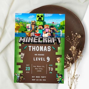 May include: A rectangular Minecraft-themed birthday invitation card featuring a pixelated landscape with various game characters, the Minecraft logo, and text stating Thomas has reached level 9, including date, time, and location details.