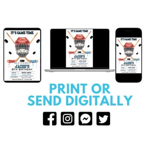 May include: Digital hockey-themed birthday party invitation displayed on a tablet, laptop, and smartphone. The design features a hockey helmet, crossed hockey sticks, and the text "IT'S GAME TIME." The invitation reads "Jacob's 8th Birthday."