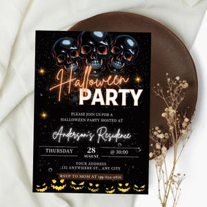 Halloween Birthday Party Invitation, Halloween Digital Invite, Animated Scull Pumpkin Party Video Invite, Self Editable DIY Template eCard.