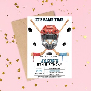 May include: A hockey-themed birthday invitation with a red helmet, crossed hockey sticks, and pucks. The invitation reads "It's Game Time" and includes details for Jacob's 8th birthday, including the date, time, and location.