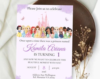 Watercolour Princess Birthday Invitation, Princess Theme Party, Princess Party Invitation, Royal Birthday Invite, Editable Canva, Digital