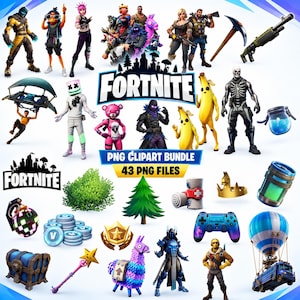 Peut inclure: Une collection numérique de cliparts PNG Fortnite présentant divers skins de personnages, armes, outils et objets de jeu. Le lot comprend des figurines comme Marshmello, Peely et un lama, ainsi qu'une manette, un coffre et le logo Fortnite.
