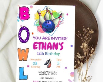 Invitación de cumpleaños con temática de bolos, ¡A divertirnos!, Fiesta de bolos rosa, Plantilla de invitación para fiesta de niñas, Invitación de bolos, Descarga digital
