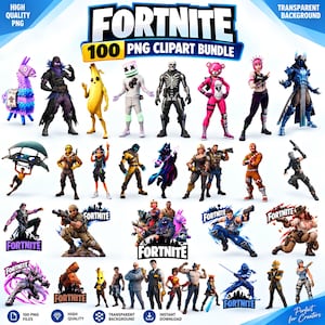 Pode incluir: Uma coleção digital de 100 arquivos de clipart PNG de Fortnite com várias skins de personagens, incluindo uma lhama, banana, esqueleto e um boneco de gengibre, ao lado do logotipo de Fortnite, em um fundo branco para projetos criativos.
