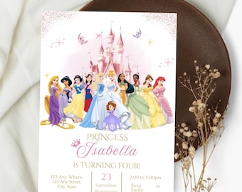 Watercolor Princess Birthday Invitation, Editable Princess Invitation, Girl Princesses Invite, Princess Party Invitation, Gold Pastel, Canva