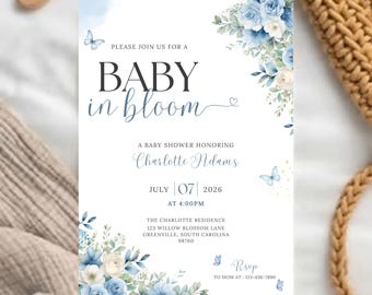 Blue Baby in Bloom Baby Shower Invitation, Blue Floral Baby Shower, Spring Baby Shower, Digital Baby Shower Invite, Editable Canva Template