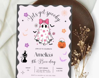 Redigerbar Halloween-födelsedagsfestinbjudan, Halloween-födelsedagsinbjudan för flicka, rosa inbjudan till kokett spöke, direktnedladdning, festinbjudan