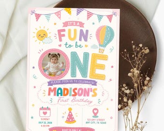 Its Fun To Be One First Birthday Invitation for Girl, Fun To Be One Party Invite, Fun To Be One Theme Invite, Editable Canva Template