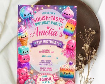 Squishy Birthday Invitation, Sensory Birthday Invitation, Squishy Party Invite, Neon Colorful Squishy Invitation, Sensory Toy Theme Party
