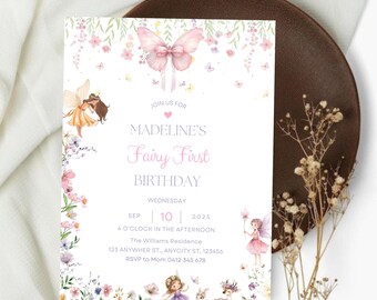 Faire-part premier anniversaire fée, faire-part 1er anniversaire fille, invitation imprimable florale 1er anniversaire pastel doux, faire-part fée.