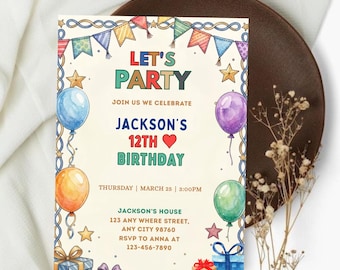 Editable Colorful Birthday Party Invitation, Simple Kids Birthday Invitation, Cheerful Birthday Party Invite, Editable Canva Template.