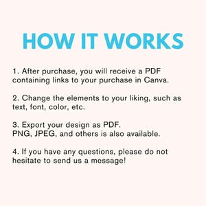 May include: A light pink graphic with the words "HOW IT WORKS" in large, turquoise letters. Below, numbered steps explain the process: receive a PDF, change elements, export as PDF, and contact for questions.