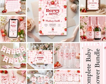 Pink Gingham Berry Sweet Baby Shower Bundle, Berry Sweet Baby Shower Invitation, Berry Sweet Invitation Bundle, Editable Canva Template