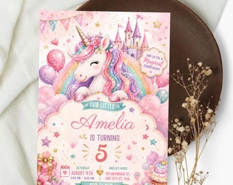 Unicorn Birthday Invitation, Magical Pastel Rainbow Unicorn Birthday Party, Whimsical Fairytale Unicorn Princess, Digital Download, Canva