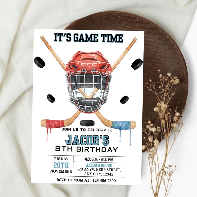 May include: A hockey-themed birthday invitation with a red helmet, crossed hockey sticks, and pucks. The text "IT'S GAME TIME" is at the top, with details for Jacob's 8th birthday, including date, time, and location.