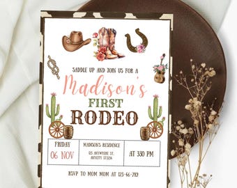 Editable Rodeo Birthday invitation, First Rodeo Invitation, Cowboy Birthday Invite, Wild West Birthday Invite, Digital Download, Canva