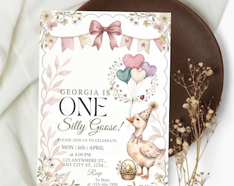 Editable One Silly Goose First Birthday Invitation, Pink Bow Silly Goose Birthday Party Invite, Daisy Floral Goose First Birthday, Canva