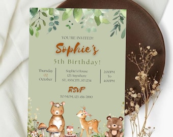 Woodland Animals Birthday Invitation, Forest Animals Birthday, Fox Deer Bear Forest Animals Birthday Invite Template, Digital Downlaod