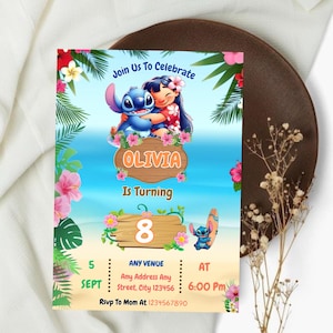 Editable Stitch Birthday Invitation, Stitch Birthday Party Invitation Template, Stitch and Lilo Girls Birthday Party Invite, Canva Editable.