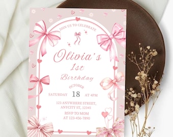 Editable Pink Bow Birthday Invite, Girl Pink Birthday Invitation, Pink Ribbon Invitation, Bow Invitation, Pink Coquette Invitation, Canva